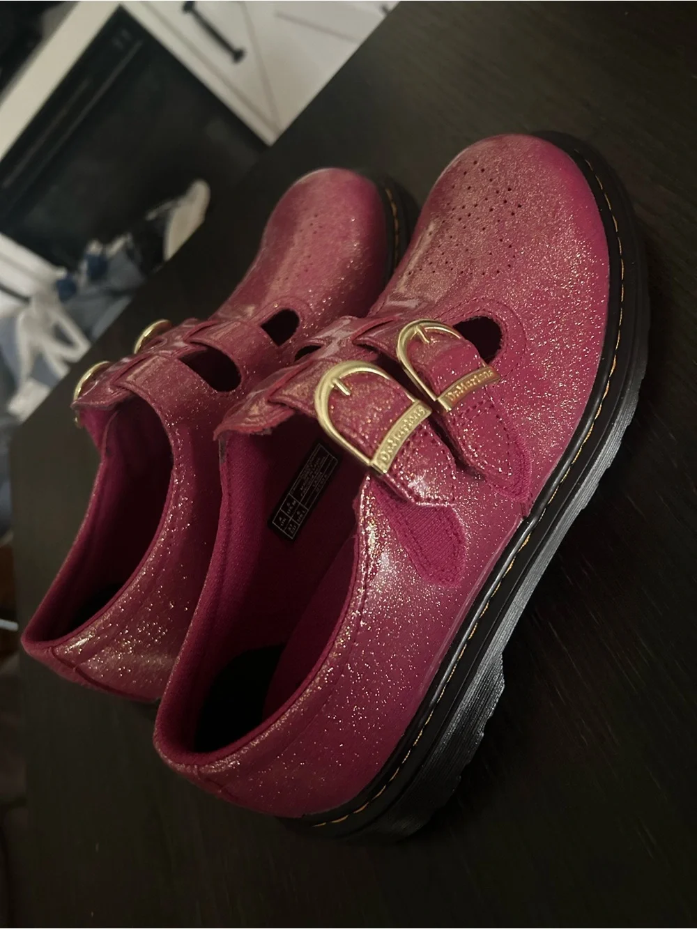 Dr. Martens Women’s 8065 Mary Jane Double Buckle Shoes in Fuchsia Glitter Finish